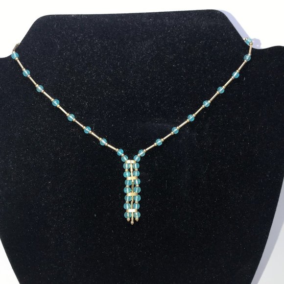 15 1/2" Blue Aquamarine and Gold Handmade Necklace - Picture 1 of 16